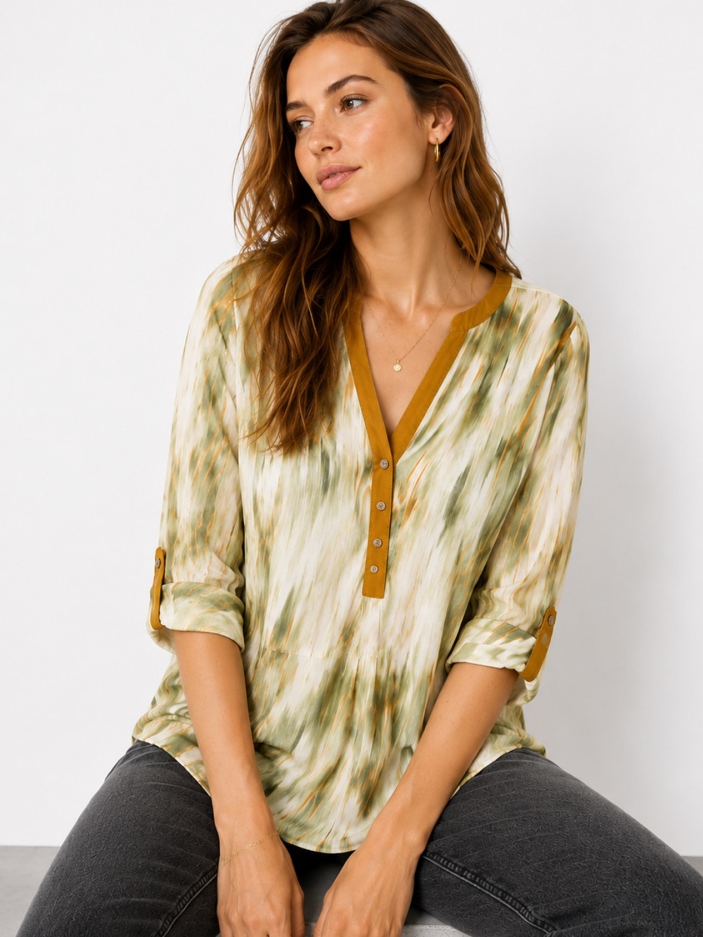 Anthropologie TINY Mulitcolor Faux Leather Trim Shibori Abstract Top